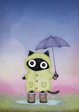 Cat in Raincoat with Umbrella