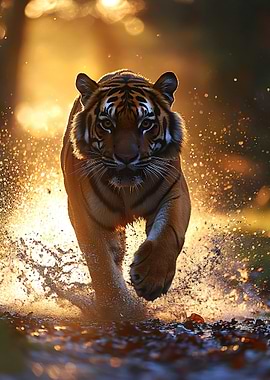 Tiger Running Through Water at Sunset