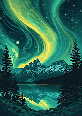 Aurora Borealis Over Mountain Lake