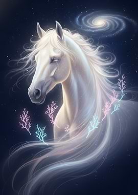 Celestial White Horse with Galaxy Background