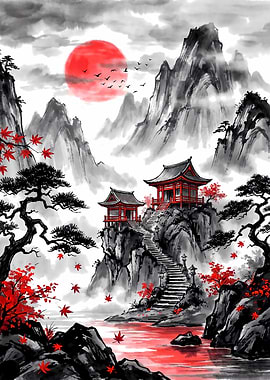 Japanese Landscape Red Moon