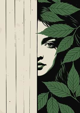 Woman's face with leaves and wood