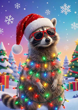 Christmas Raccoon with Lights and Hat