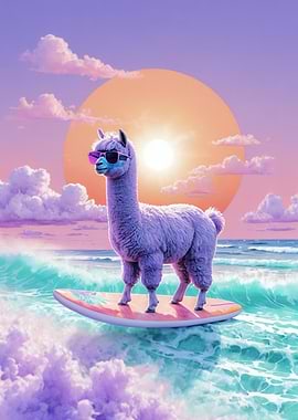 Surfing Alpaca at Pastel Sunset — Whimsical Beach Digital Art