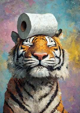 Tiger with Toilet Paper on Head