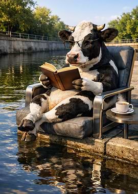 Cow reading book by the river