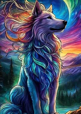 Colorful Wolf in Mountain Landscape