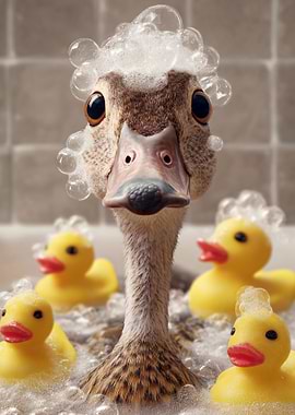 Duck in Bath with Rubber Ducks