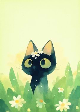 Black Cat with Daisies Illustration