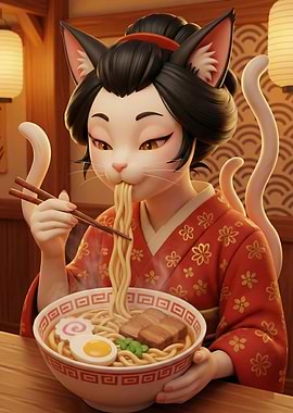 Cat Geisha Eating Ramen