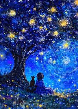 Girl and Cat Under Starry Tree