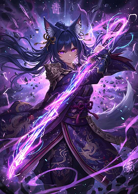 Anime Fox Girl with Electric Katana