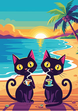 Cats drinking coffee on the beach
