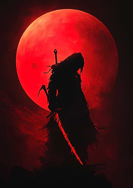 Silhouette Warrior with Red Moon