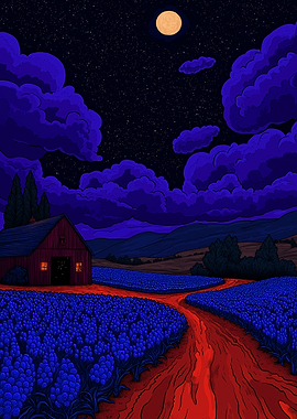 Night Landscape with Barn and Flowers