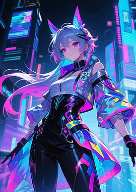 Cyberpunk Anime Girl in Neon Cityscape