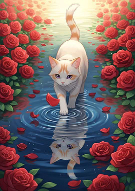 Cat walking on water with roses