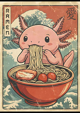 Retro Ramen Axolotl Japanese Food Art Kawaii