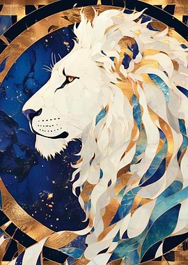 Lion Portrait in Blue and Gold