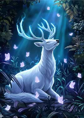 White Deer with Butterflies in Forest