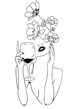 Woman with Wine and Flowers Line Art