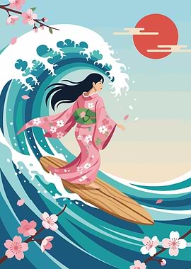 Kimono Surfer Girl with Cherry Blossoms