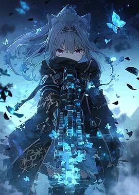 Anime Girl with Gun and Butterflies