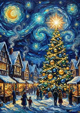 Starry Night Christmas Market Painting: Van Gogh Style Holiday Art