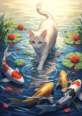 Cat and Koi Pond Serenity