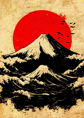 Mount Fuji and Rising Sun Art