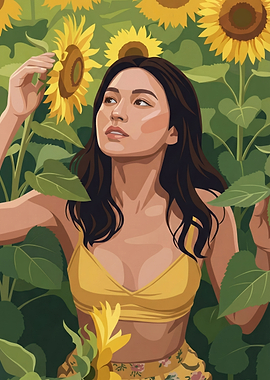 Woman in Sunflower Field Illustration