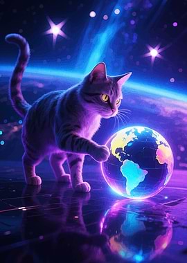 Cat playing with a glowing Earth