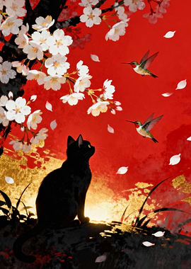 Black cat, cherry blossoms, hummingbirds art