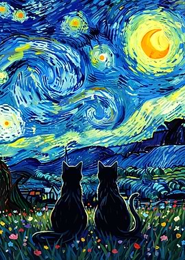 Cats under Starry Night painting