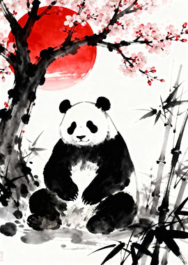 Panda with Cherry Blossoms and Sun