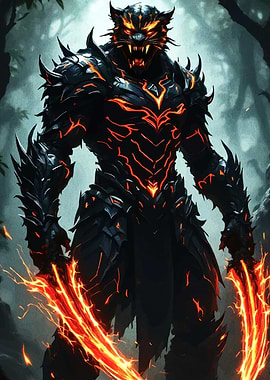 Armored Tiger Warrior with Fiery Blades