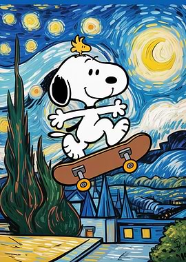 Snoopy Skateboarding in Starry Night