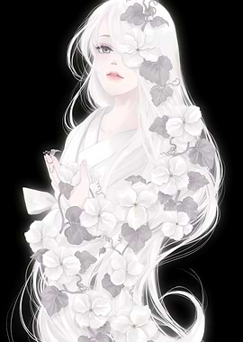 White-haired woman with floral adornments