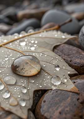 Leaf and Water Droplets on Rocks