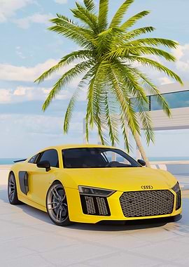 Yellow Audi R8 by the beach