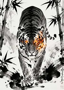 Tiger in Bamboo Forest Ink Painting