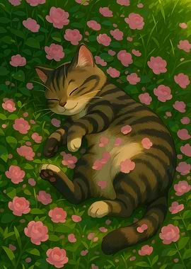 Sleeping Cat in Rose Garden