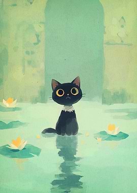 Black Cat in Water Lily Pond