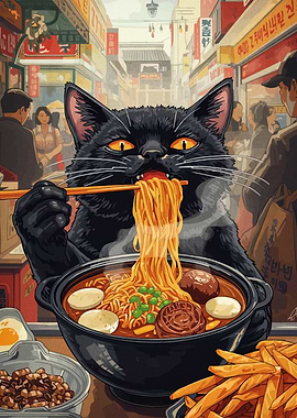 Black Cat Eating Noodles in Street