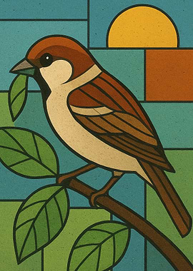 Sparrow with Leaf Illustration