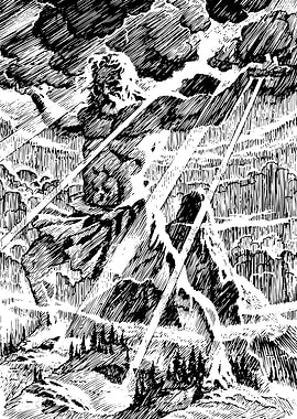 Zeus unleashing lightning in black and white