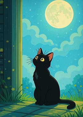 Black Cat Gazing at the Moon
