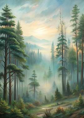 Misty Forest Landscape Painting