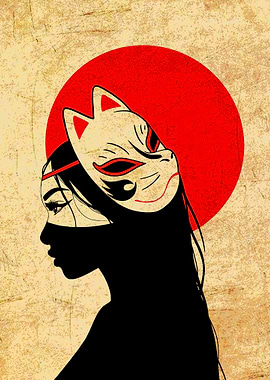 Woman with Kitsune Mask and Red Sun