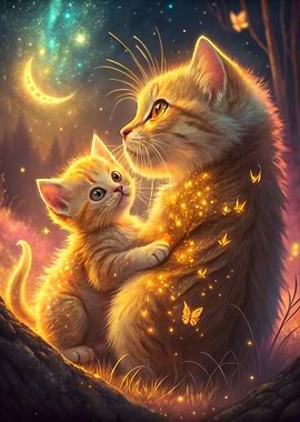 Mother cat and kitten under moonlight